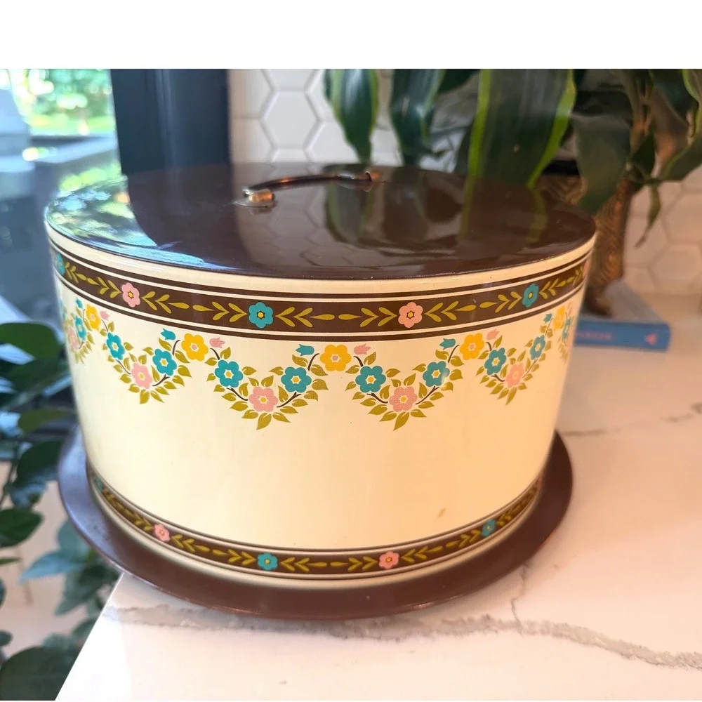 Vintage 1960s Ballonoff Metal Cake Carrier Brown Cream Floral Tin Retro Kitchen